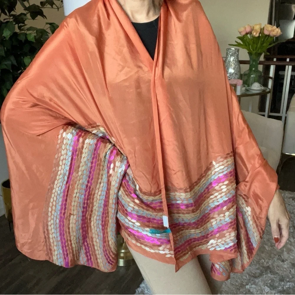 Mariela Burani 100% Orange Silk Multipurpose Scarf Shawl Wrap Holiday Party Vtg